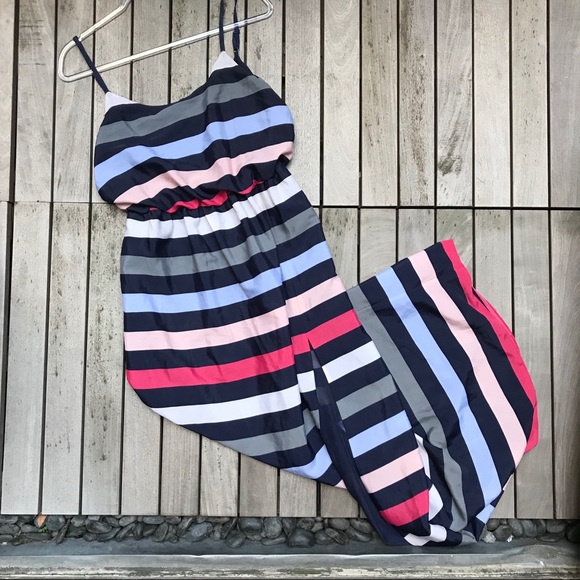 BGBGeneration Navy Pink Res & White Horizontal Striped Side Slit Maxi Dress - Picture 2 of 8